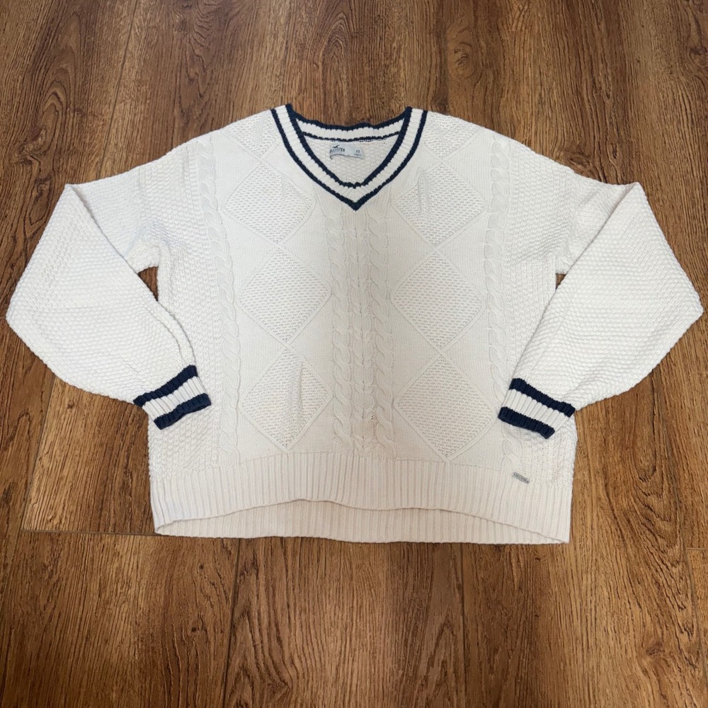 Hollister Sweater Cable Knit Tennis Cricket Cotton white V Neck Womens XS preppy